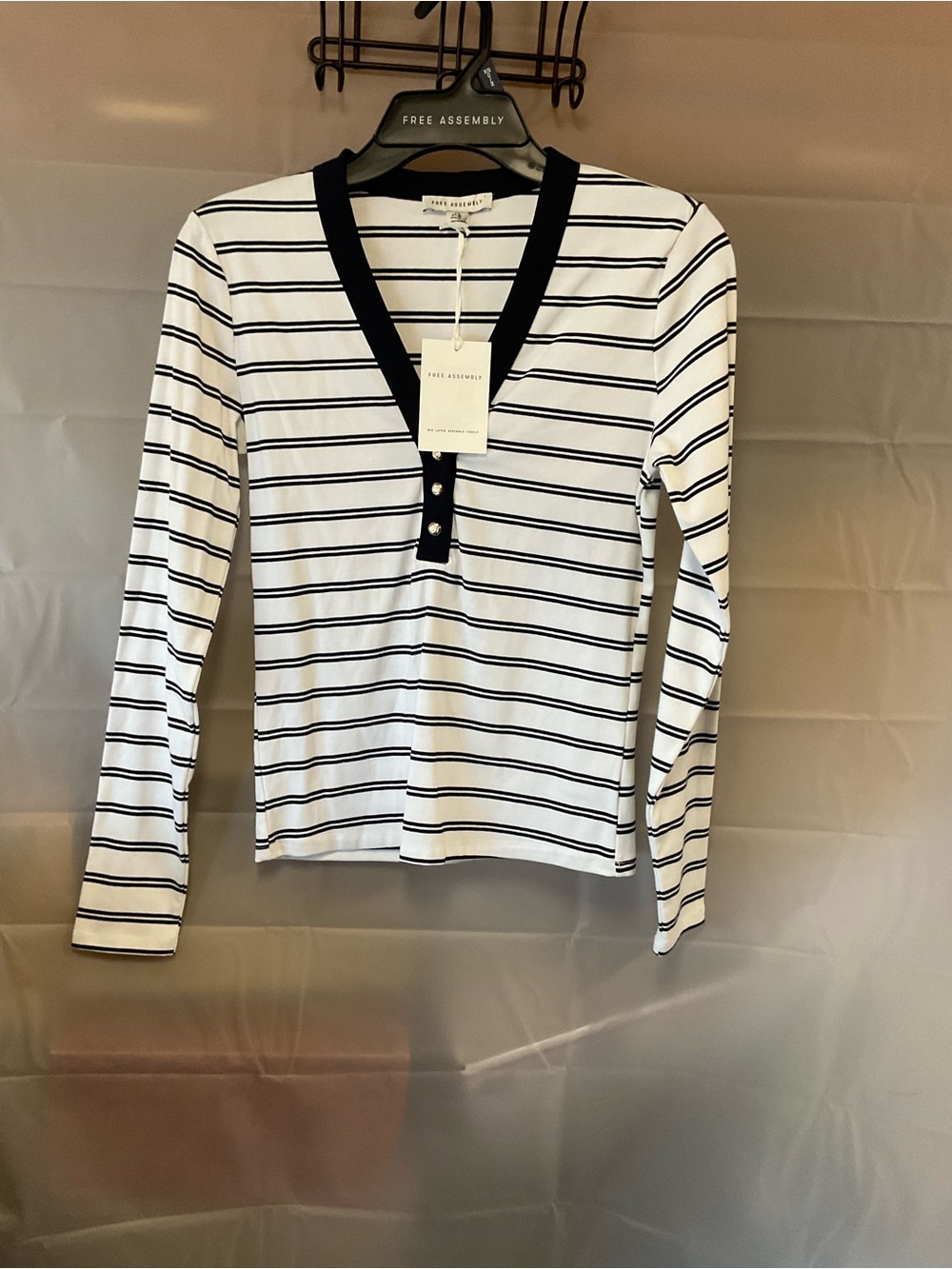 Free Assembly Striped Long-Sleeve Henley in White and Navy